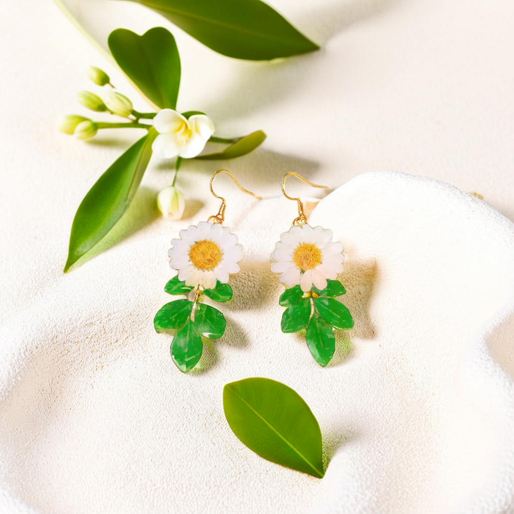 Real Daisy Earrings | Handmade Pressed Daisy Flower Resin Jewelry | Long Hook Earrings | Dried Flower Dangle | Birthday Gift for Her