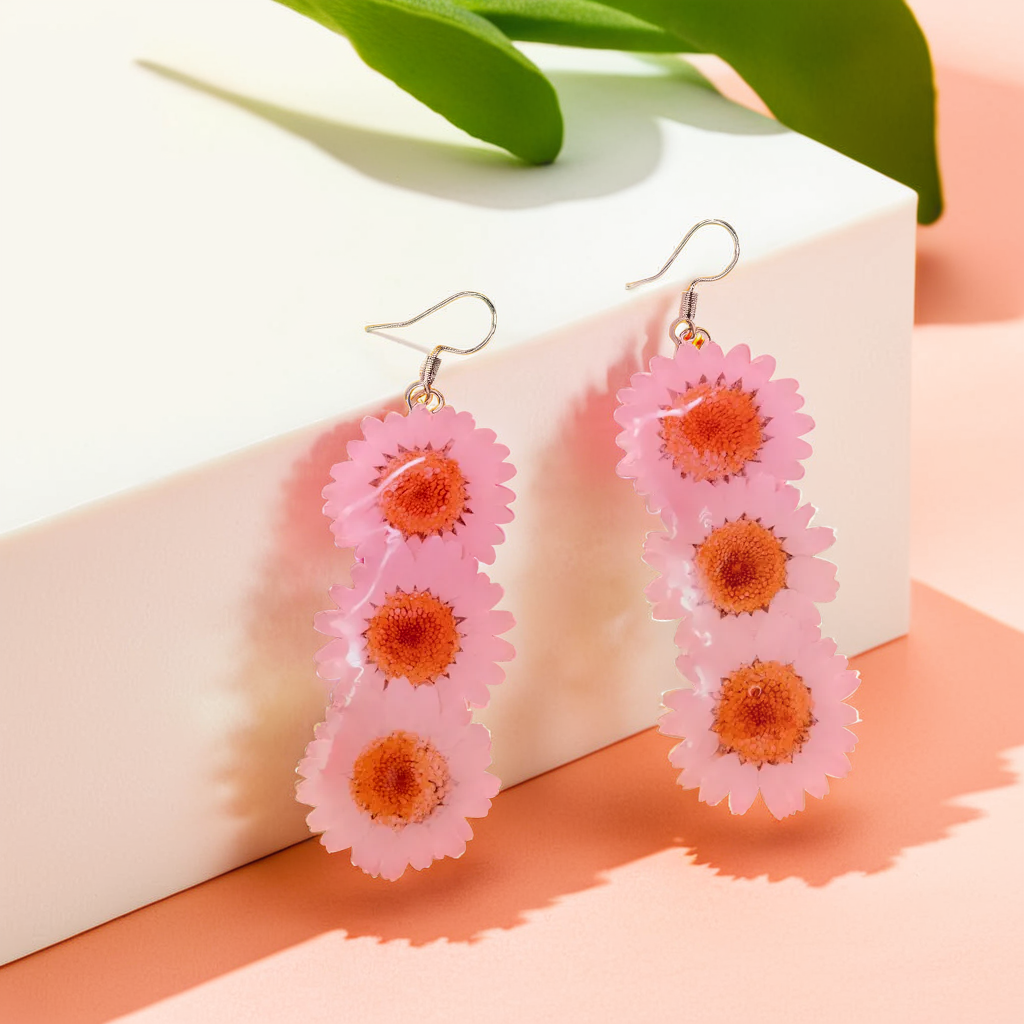 Real Daisy Earrings | Handmade Pressed Daisy Flower Resin Jewelry | Long Hook Earrings | Dried Flower Dangle | Birthday Gift for Her