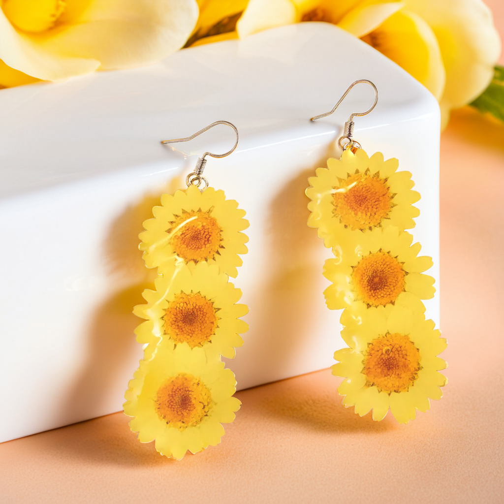 Real Daisy Earrings | Handmade Pressed Daisy Flower Resin Jewelry | Long Hook Earrings | Dried Flower Dangle | Birthday Gift for Her