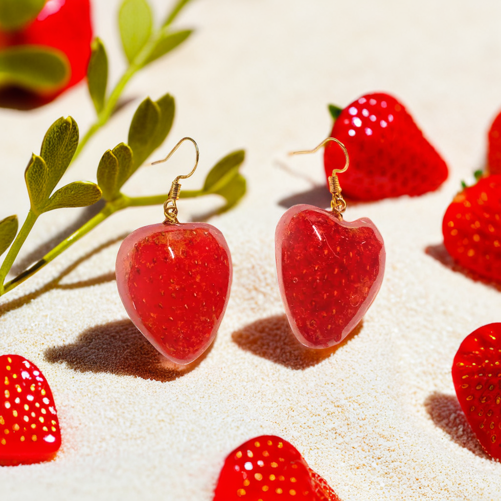 Real Strawberry Earrings | Handmade Pressed Resin Fruit Jewelry | Unique Fun Gift | Red Fruit Dangle Earrings