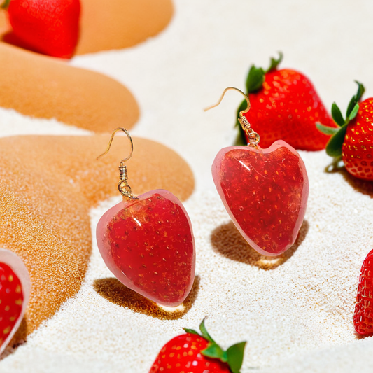 Real Strawberry Earrings | Handmade Pressed Resin Fruit Jewelry | Unique Fun Gift | Red Fruit Dangle Earrings