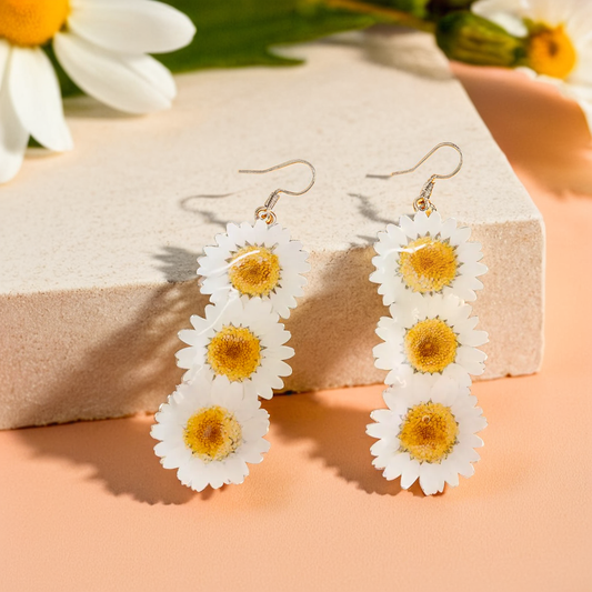 Real Daisy Earrings | Handmade Pressed Daisy Flower Resin Jewelry | Long Hook Earrings | Dried Flower Dangle | Birthday Gift for Her
