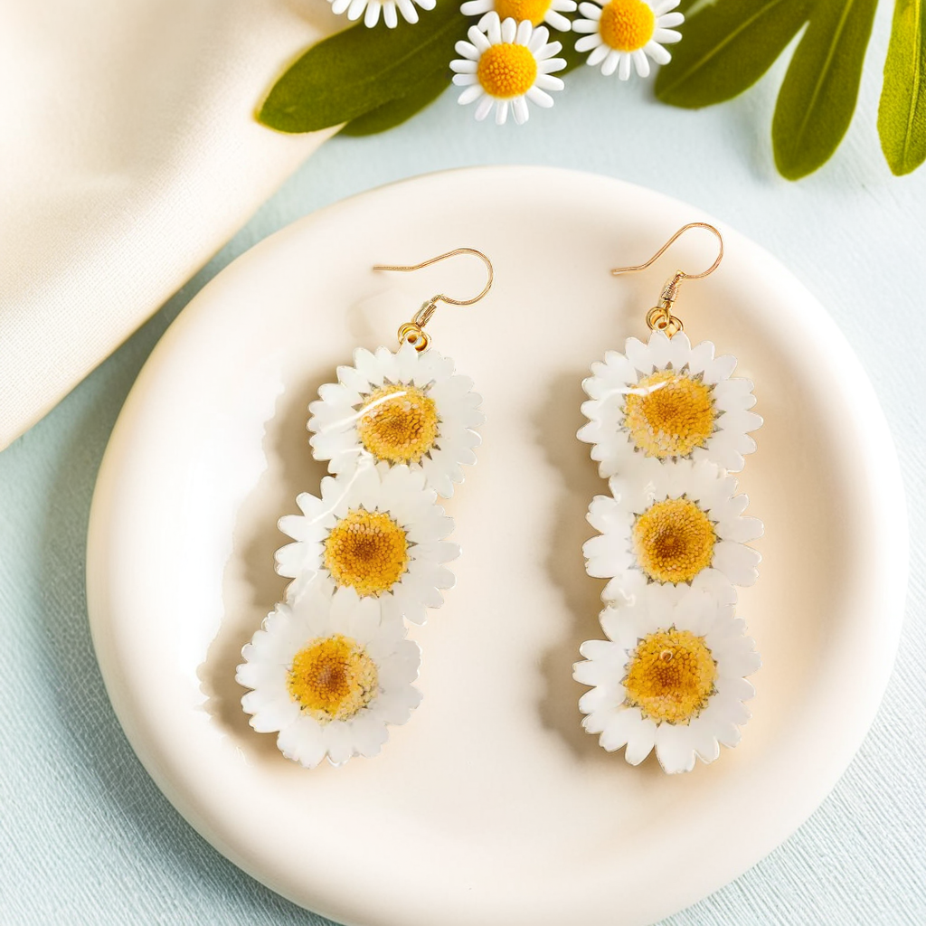 Real Daisy Earrings | Handmade Pressed Daisy Flower Resin Jewelry | Long Hook Earrings | Dried Flower Dangle | Birthday Gift for Her